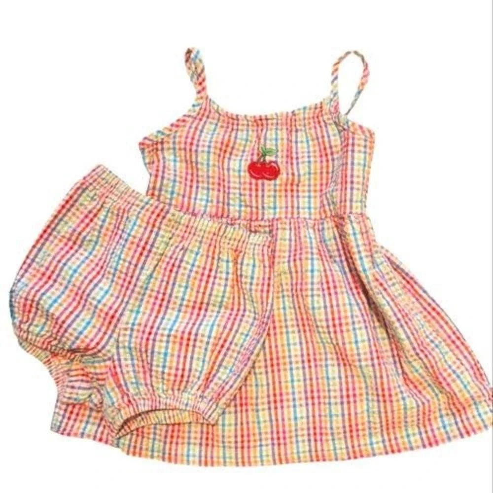 Oshkosh B'Gosh Y2K Infant Girls Rainbow Seersucker Dress Embroidered Cherry 🍒